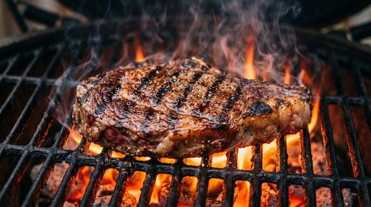 Ribeye steak met grillstrepen wordt geseerd op een gloeiend heet rooster