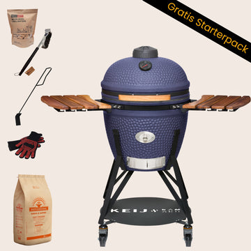 Keij Kamado Legend Large 21 inch Blauw met Walnoot Zijtafels - Compleet Starterspakket