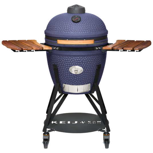 Keij Kamado Legend Large 21 inch Blauw met Walnoot Zijtafels - Compleet Starterspakket