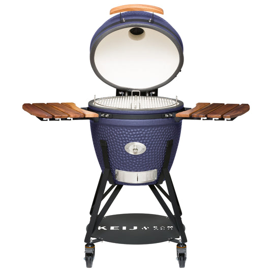 Keij Kamado Legend Large 21 inch Blauw met Walnoot Zijtafels - Compleet Starterspakket