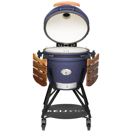 Keij Kamado Legend Large 21 inch Blauw met Walnoot Zijtafels - Compleet Starterspakket