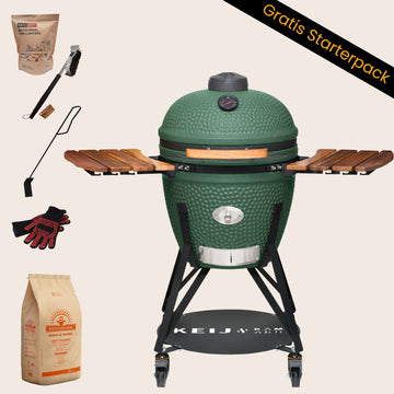 Keij Kamado Legend Large 21 inch Groen met Walnoot Zijtafels - Compleet Starterspakket