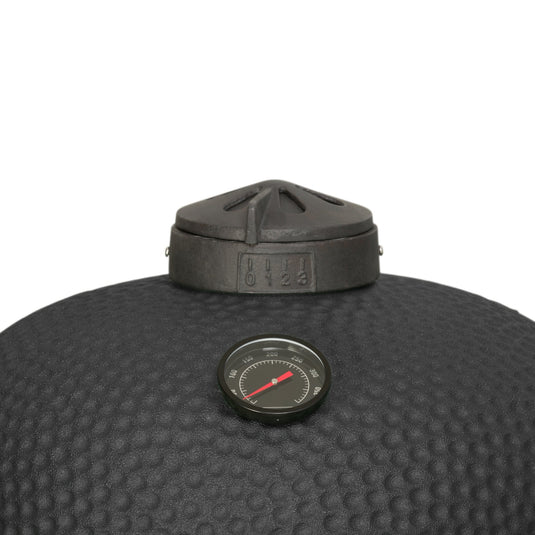 Gietijzeren topvent en ingebouwde dekselthermometer van de Keij Kamado Legend Large