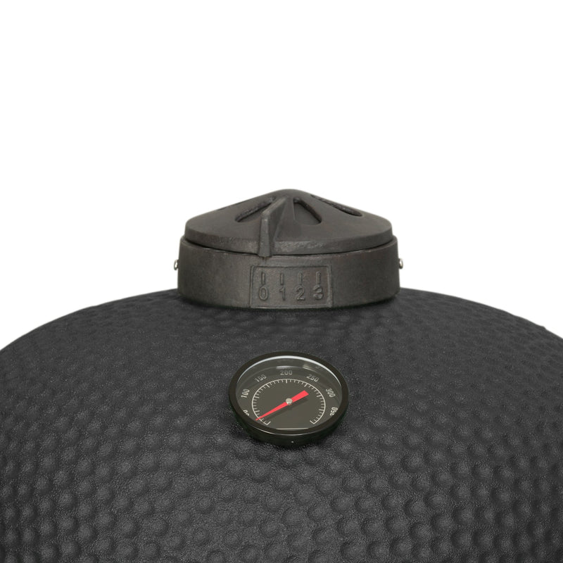 Laad afbeelding in galerij, Gietijzeren topvent en ingebouwde dekselthermometer van de Keij Kamado Legend Large
