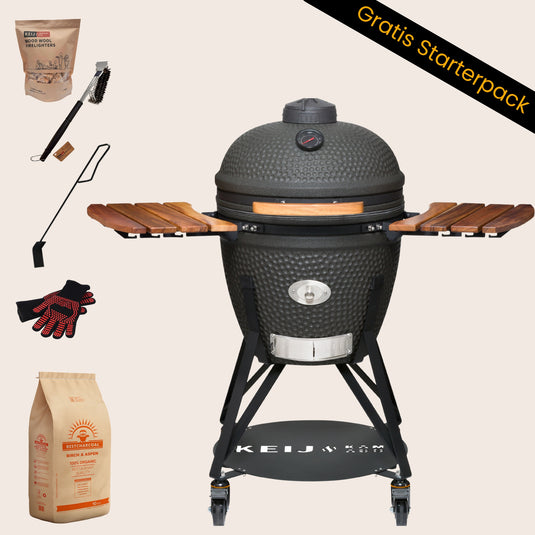 Keij Kamado Legend Large 21 inch Zwart met Walnoot Zijtafels - Compleet Starterspakket