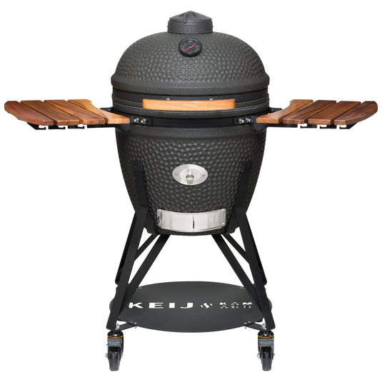 Walnoot zijtafels uitgeklapt aan een Keij Legend Large kamado