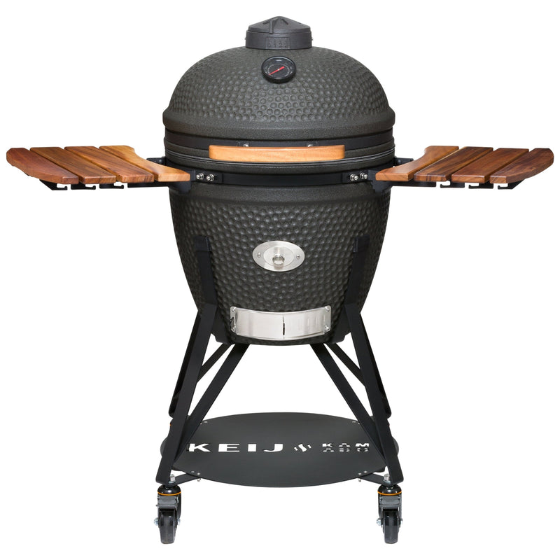 Laad afbeelding in galerij, Walnoot zijtafels uitgeklapt aan een Keij Legend Large kamado
