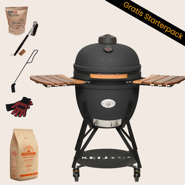 Keij Kamado Legend XL 23 inch Zwart met Walnoot Zijtafels - Compleet Starterspakket