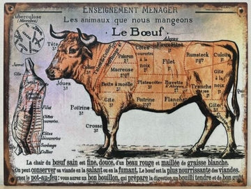 Wandbord Slagersgids Koe Metaal 'Le Boeuf' - 33x25 cm